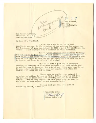 Letter from Wilbur Bantz to President Harry S. Truman