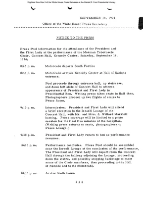 Press Pool information for President and First Lady's attendance at Mormon Tabernacle Choir Performance at the Kennedy Center [Pool Assignments]