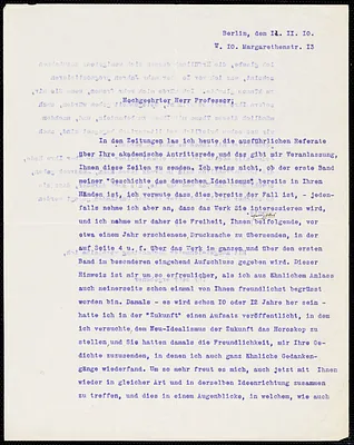 Kronenberg, Moritz, 1865-? typed letter signed to Hugo Münsterberg, Berlin, 12 February 1910