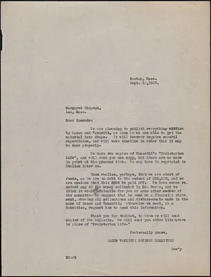 Mary Donovan (Sacco-Vanzetti Defense Committee) to Margaret Shipman, Boston, Mass., September 13, 1927