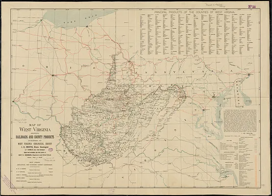 Map of West Virginia showing railroads and county products