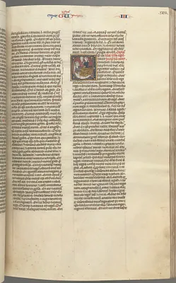 Fol. 123r, Kings III, historiated initial E, an attendant bringing Abishag to David who lies on a bed