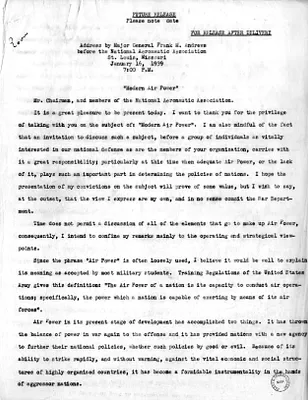 Address by Major General Frank M. Andrews Before the National Aeronautics Association at St. Louis, Missouri