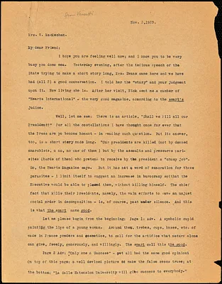 Bartolomeo Vanzetti typed letter (copy) to Virginia A. MacMechan, [Dedham], 3 November 1923