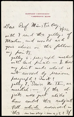 Holt, Edwin B. (Edwin Bissell), 1873-1946 autograph letter signed to Hugo Münsterberg, Cambridge, Mass., 15 September 1902