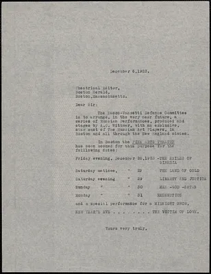 Sacco-Vanzetti Defense Committee typed letter (copy) to Theatrical Editor, Boston Herald, Boston, Mass., December 6, 1923