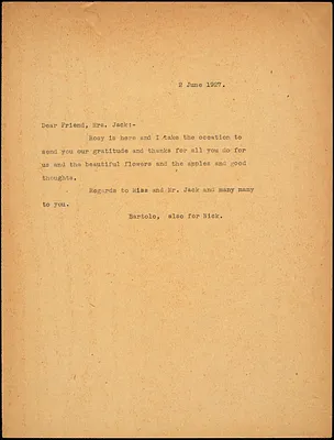 Bartolomeo Vanzetti typed note to Cerise Jack, [Dedham], 2 June 1927