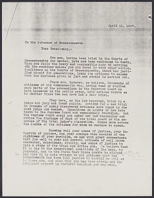 Sacco-Vanzetti Case Records, 1920-1928. Correspondence. Photocopies from Boston Athenaeum: E.M. Morgan to Charles P. Curtis, 1948. Vanzetti letter from prison, 1927. Vanzetti letter to Bigelow, 1927. Unsigned letter to Governor Fuller, April 11, 1927. Box 41, Folder 69, Harvard Law School Library, Historical & Special Collections