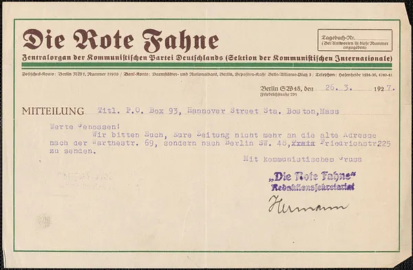 Hermann telegram, in German, to Sacco-Vanzetti Defense Committee, Berlin, Germany, March 26, 1927