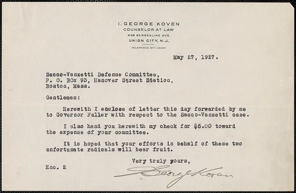 I. George Koven typed note signed. to Sacco-Vanzetti Defense Committee, Union City, N.J., May 27, 1927