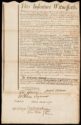 James Burton indentured to apprentice with Joseph Putnam of Boston, 26 February 1755