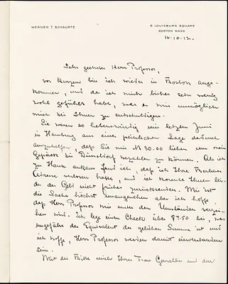 Schauerte, Werner T. autograph letter signed to Hugo Münsterberg, Boston, 16 October 1912