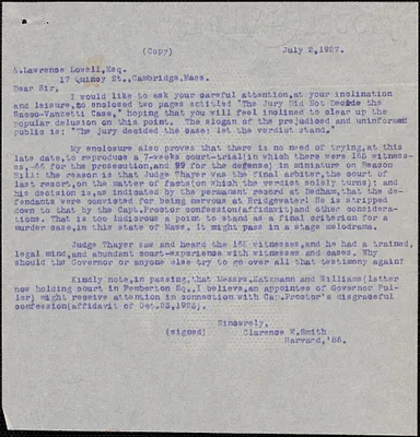 Clarence W. Smith typed letter (copy) to A. Lawrence Lowell, July 2, 1927