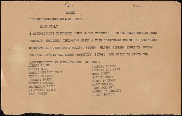 Albert Bosco et al telegram (copy), in Italian, to Cardinal Gasparri, [Boston, Mass.?, July 1927]