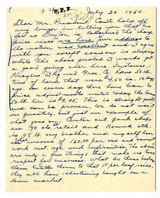 Letter from Mrs. Hattie Wombold to President Harry S. Truman