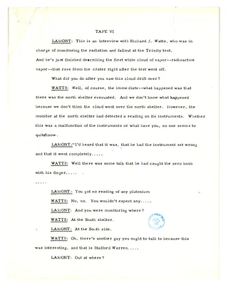 Transcript of Lansing Lamont Interview with Research Assistant Richard Watts and Photographer Berlyn Brixner of Los Alamos Laboratory (Tape VI)