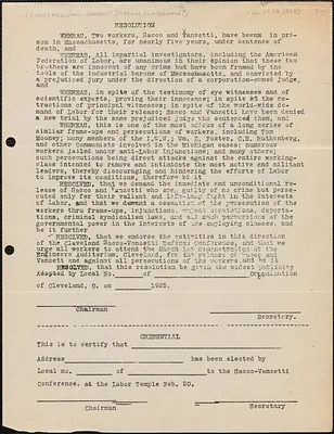 [Cleveland Sacco-Vanzetti Defense Committee] typed resolution (circular), [Cleveland, Ohio], approximately [February 15, 1925]