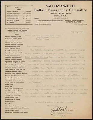 H. J. Hahn (Sacco-Vanzetti Buffalo Emergency Committee) typed letter signed to Sacco-Vanzetti Defense Committee), Buffalo, N.Y., May 25, 1927
