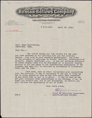 Foster, E. D. fl. 1916 typed letter signed to Hugo Münsterberg, Chicago, 29 April 1912