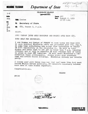 Telegram from Julius Holmes to Secretary of State Dean Acheson, Number 685