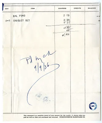 Bill from Independence Hardware Company