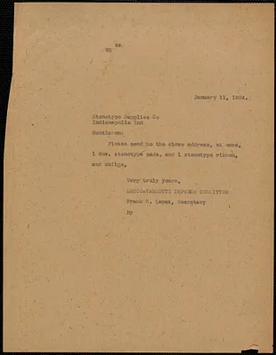 Sacco-Vanzetti Defense Committee typed letter (copy) to Stenotype Supplies, Boston, Mass., January 11, 1924