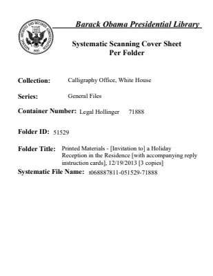 Printed Materials - [Invitation to] a Holiday Reception in the Residence [with accompanying reply instruction cards], 12/19/2013