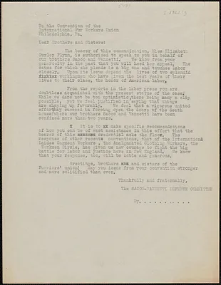 Sacco-Vanzetti Defense Committee typed letter (copy) to the International Fur Workers' Union Convention, Boston, Mass., [1922?]