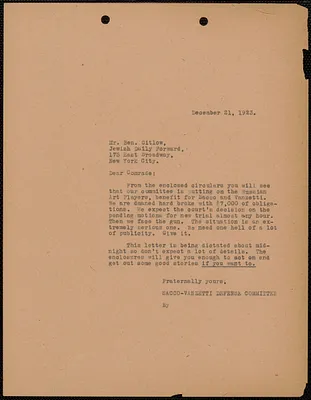 Sacco-Vanzetti Defense Committee typed letter (copy) to Benjamin Gitlow (Jewish Daily Forward), Boston, Mass., December 21, 1923