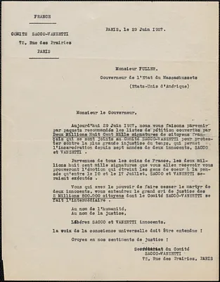 Comité Sacco-Vanzetti typed letter (copy), in French, to [Alvan T.] Fuller, Paris, France, June 29, 1927