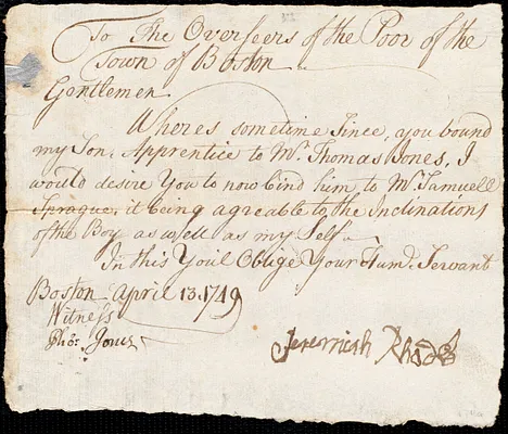 Jeremiah Rhodes indentured to apprentice with Samuel Sprague of Boston, 14 April 1749