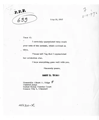 Correspondence Between President Harry S. Truman and Judge Albert Ridge