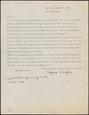 Agnes Inglis typed letter signed to Mary Donovan, Ann Arbor, Mich., August 10, 1927