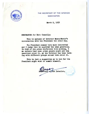 Memorandum from Secretary of the Interior Oscar Chapman to Matthew Connelly, with Attachment