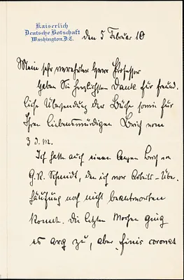 Bernstorff, Johann Heinrich, Graf von, 1862-1939 autograph letter signed to Hugo Münsterberg, Washington, D.C., 05 February 1910