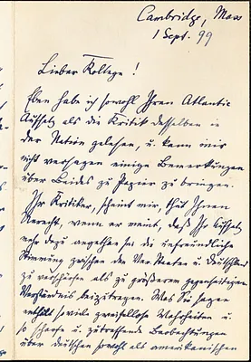 Francke, Kuno, 1855-1930 autograph letter signed to Hugo Münsterberg, Cambridge, Mass., 1 September 1899