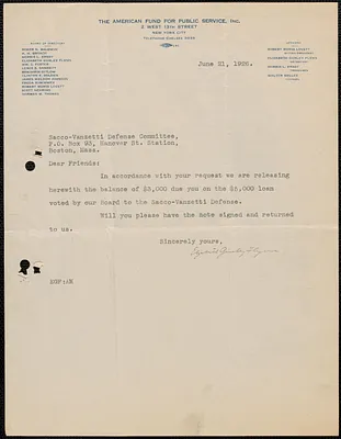 Elizabeth Gurley Flynn (The American Fund For Public Service, Inc.) typed note signed to Sacco-Vanzetti Defense Committee, New York, N.Y., June 21, 1926