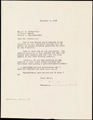Letter from Edwin B. Worthen to G. K. Richardson, Town counsel, Richardson, Wolcott, Tyler & Fassett, November 5, 1946