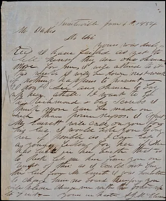 A. J. McElveen, Sumterville, S.C., autograph letter signed to Ziba B. Oakes, 4 June 1854