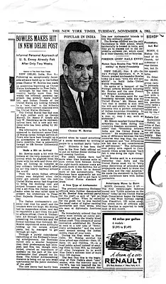 New York Times Newspaper Clipping, "Bowles Makes Hit in New Delhi Post"