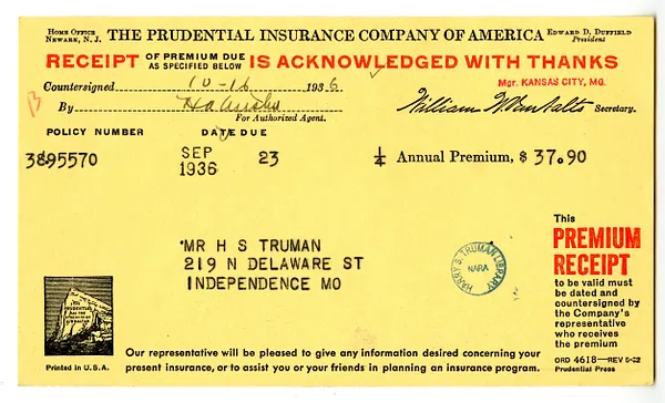 Premium Receipt from Prudential Insurance Company of America to Harry S. Truman