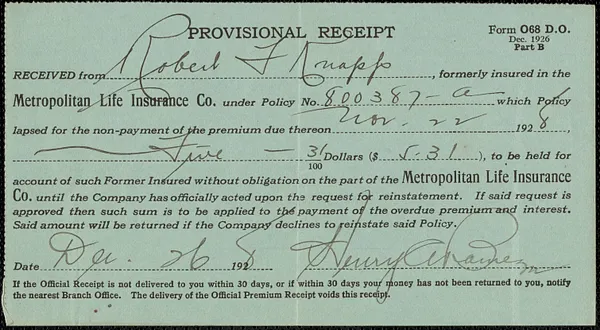 Receipt from Metropolitan Life Insurance Company for Robert F. Knapp, Nov. 22, 1928