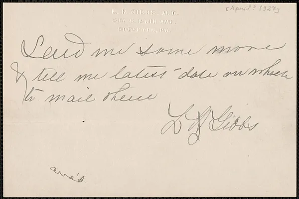 L. H. Gibbs autograph note signed to Sacco-Vanzetti Defense Committee, Scranton, Pa., [April? 1927]