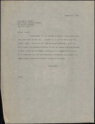 [Thomas O'Connor, Citizens National Committee for Sacco and Vanzetti] typed letter (copy) to Eugene Lyons, [Boston, Mass?], August 25, 1927