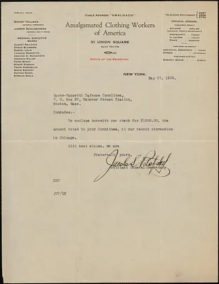 Jacob S. Potofsky (Amalgamated Clothing Workers of America), typed letter signed to Sacco-Vanzetti Defense Committee, New York, N.Y., May 27, 1922