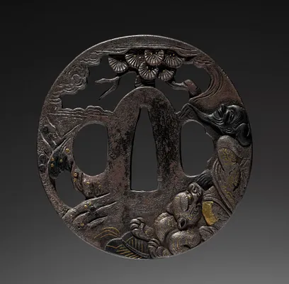 Sword Guard (Tsuba) with Chinese Immortal and Tiger Under Pine