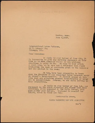 Sacco-Vanzetti Defense Committee typed letter (copy) to International Labor Defense, Boston, Mass., June 9, 1927
