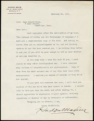 Maxim, Hudson, 1853-1927 typed letter signed to Hugo Münsterberg, Brooklyn, N.Y., 25 February 1911