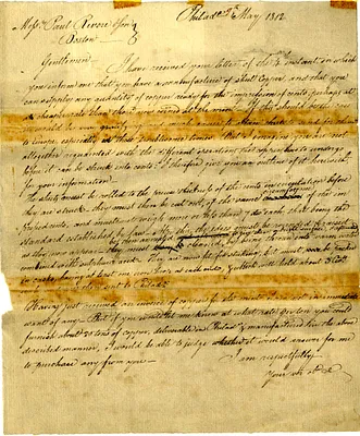Draft Letter from Robert Patterson to Paul Revere and Sons