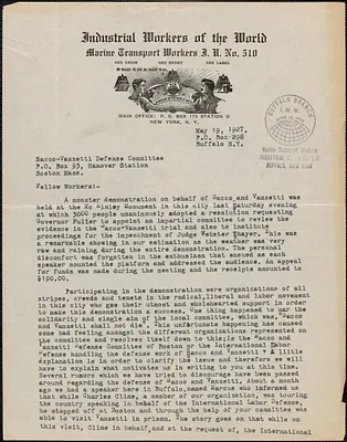 Martin L. Sperling (Marine Transport Workers Local Union No. 510) typed letter signed to Sacco-Vanzetti Defense Committee, Buffalo, N.Y., May 19, 1927